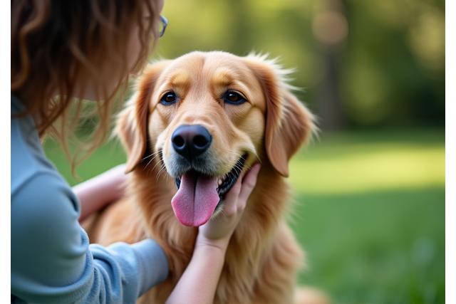 A woman gently stroking her Golden Retriever, symbolizing the strong bond fostered by Canine Compass.