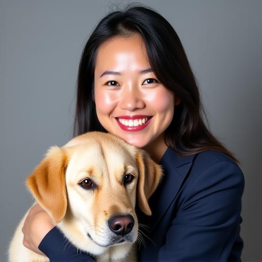 Sophia Lim, a Canine Compass Head Trainer, with a friendly Labrador
